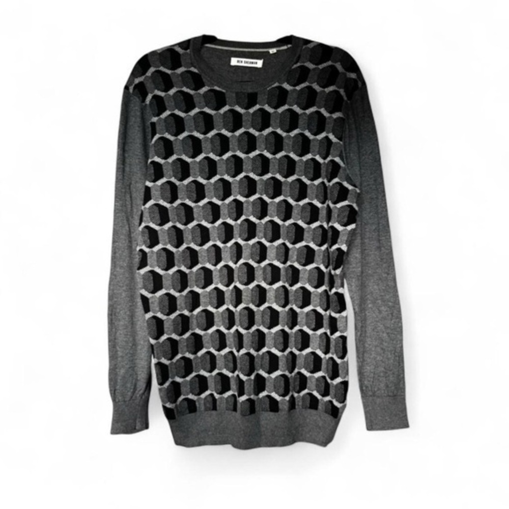 Ben Sherman Grey Geometric Jacquard Knit Sweater - Mens Size Large - Mod Style - Picture 1 of 6